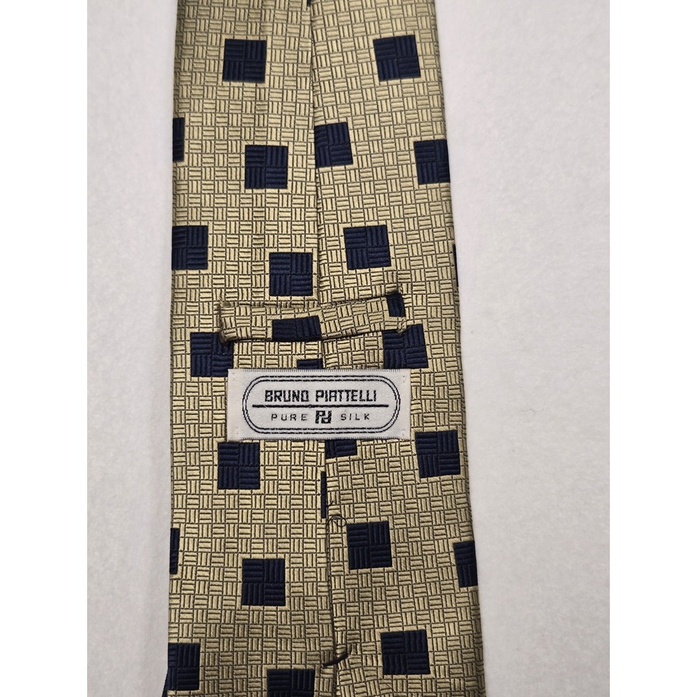 Vintage Bruno Piattelli Navy Gold Textured Geometric Print Pure Silk Tie Flawed